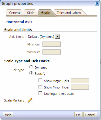 Select the Scale tab on the Graph properties dialog box to modify the scale limits, type and tick marks.