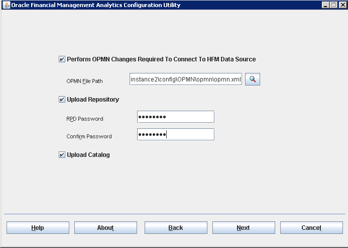 Navigate to the OPMN.xml file, and click to upload the repository file and catalog. The RPD password must also be entered.