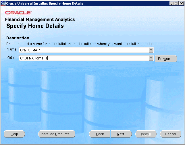Browse or enter the Name and Path of the location of the new installation.