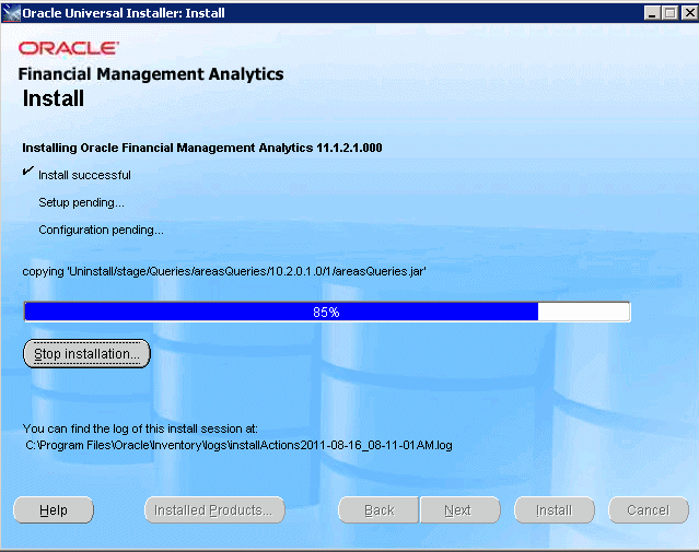 The installation is initiated, and the progress is displayed.