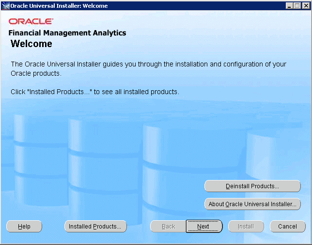 The Welcome screen of the Oracle Universal Installer is displayed to begin the installation.