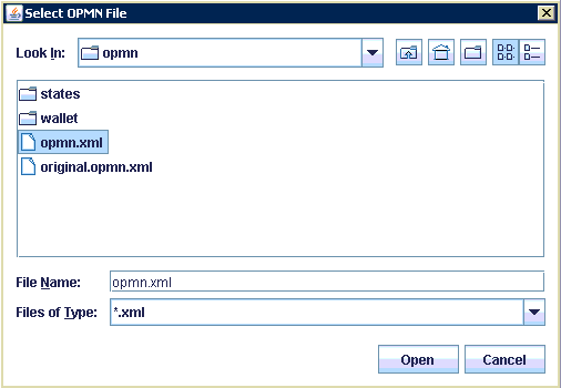 Select the opmn.xml file. 