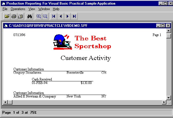 The images shows a sample application created with SQR Production Reporting.