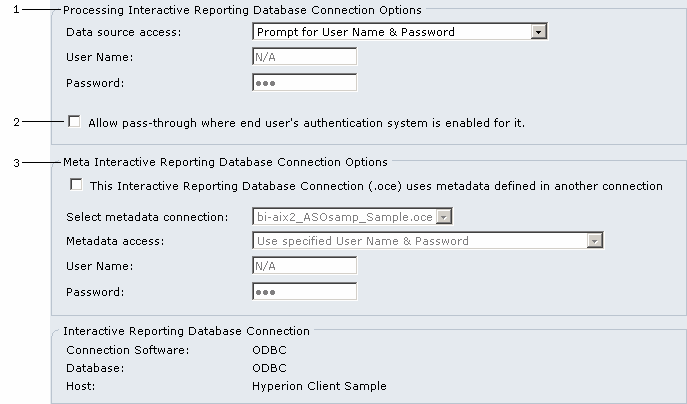 The image shows an Interactive Reporting Database connection widget.