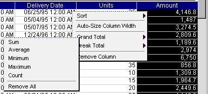 The image shows how to access grand and break totals from the shortcut menu in the Results/Table section