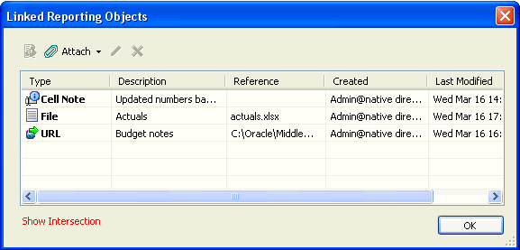 Linked Reporting Objects dialog box with Launch, Attach, Edit, Delete, and OK buttons. Linked reporting objects are displayed in a list.