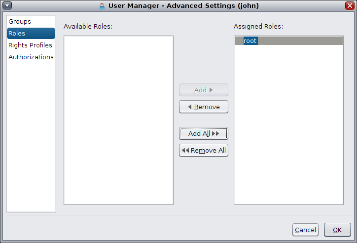 image:This figure shows the Advanced Settings dialog box, from which you can administer advanced security attributes for a user.