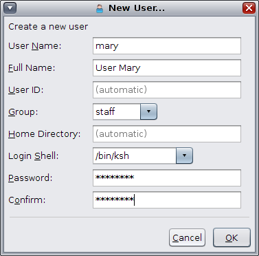 image:This figure shows the New User dialog box for the User Manager GUI, where new user information is added.