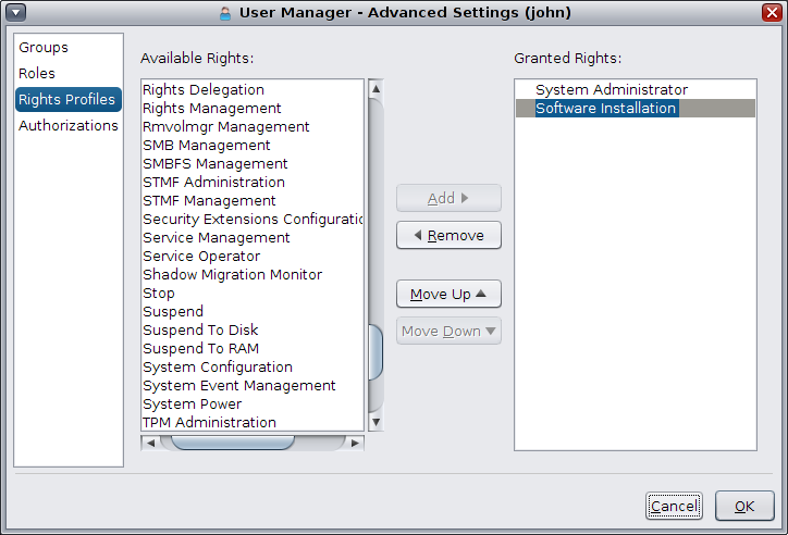 image:This figure shows available and granted rights for a user. Click Rights Profiles on the left hand side of the Advanced Settings dialog box to access.