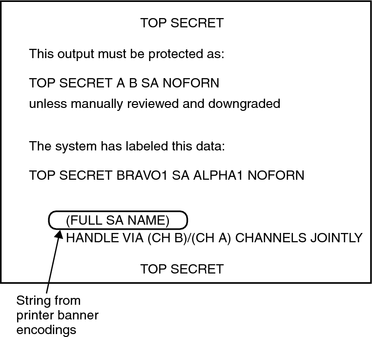 image:Illustration shows a printer banner with the encodings string ???FULL SA NAME??? above the Channels and TOP SECRET lines.
