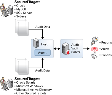 image:The figure shows how Oracle Solaris and Audit Vault work.