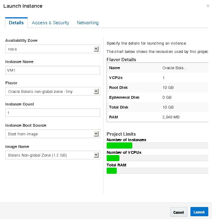 image:Shows a VM name, flavor, and image specified in the Launch Instance dialog box.