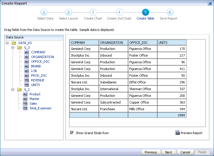 Select columns page for report.