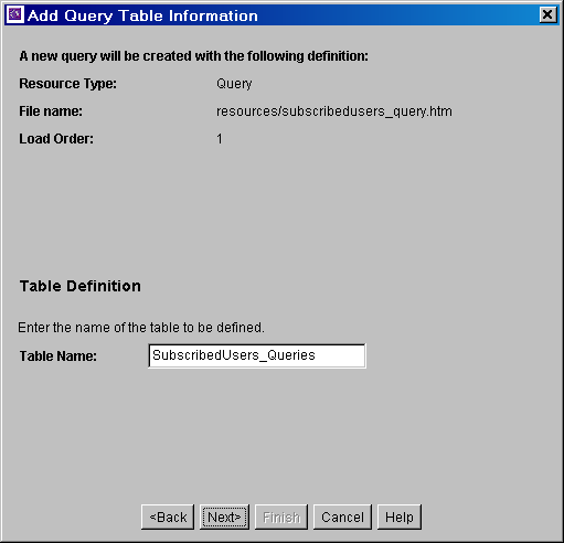 Add Query Table Information screen