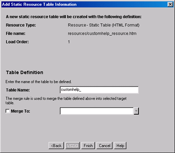 Add Static Resource Table Information screen.