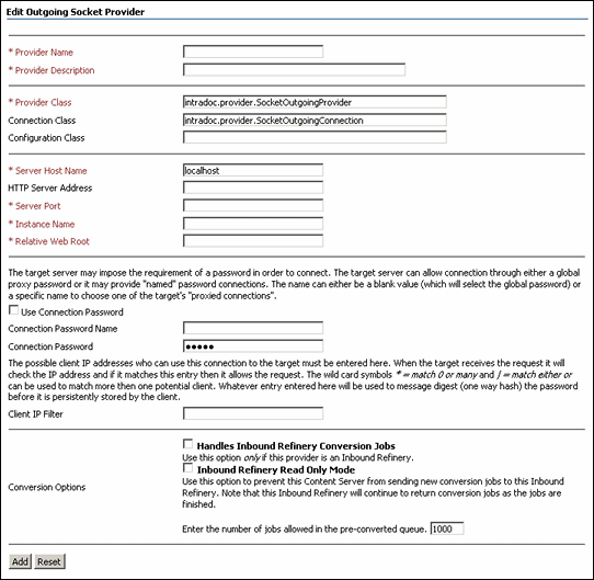 Edit Outgoing Socket Provider screen