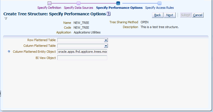 Create Tree Structure: Specify Performance Options Page