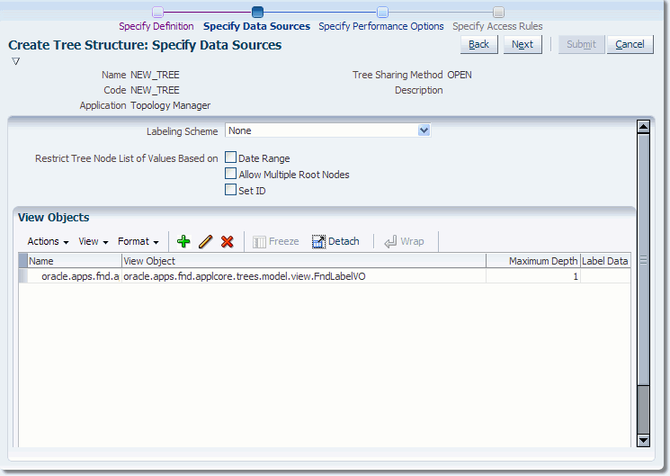 Specify Data Sources Page with View Object
