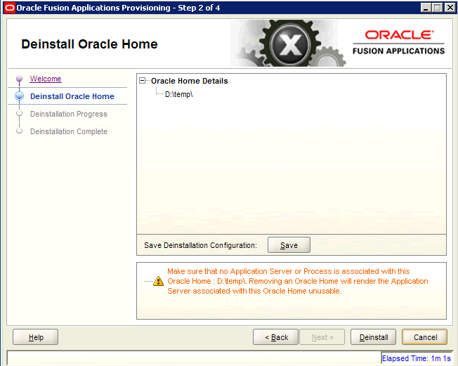 Deinstall Oracle Home Screen: Described in surrounding text.