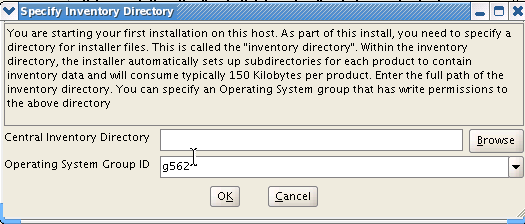 Specify Central Inventory Directory Location Screen: Described in surrounding text.