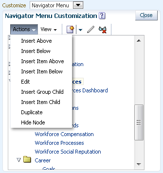 Menu showing group actions