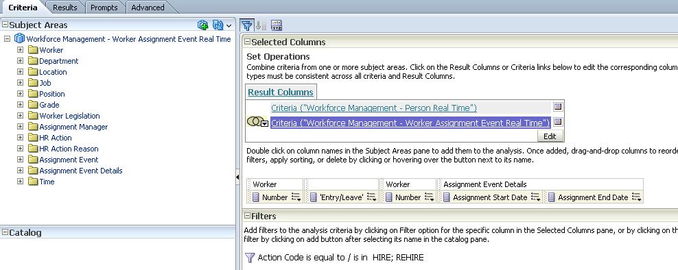 This screen shot shows an example of combining personal status change from the worker assignment subject area.