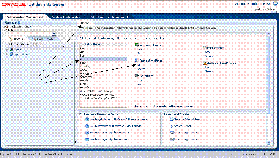 This screen shot shows the Entitlements Server screen and how to select obi as the Application Name and how to select New under Application Roles.