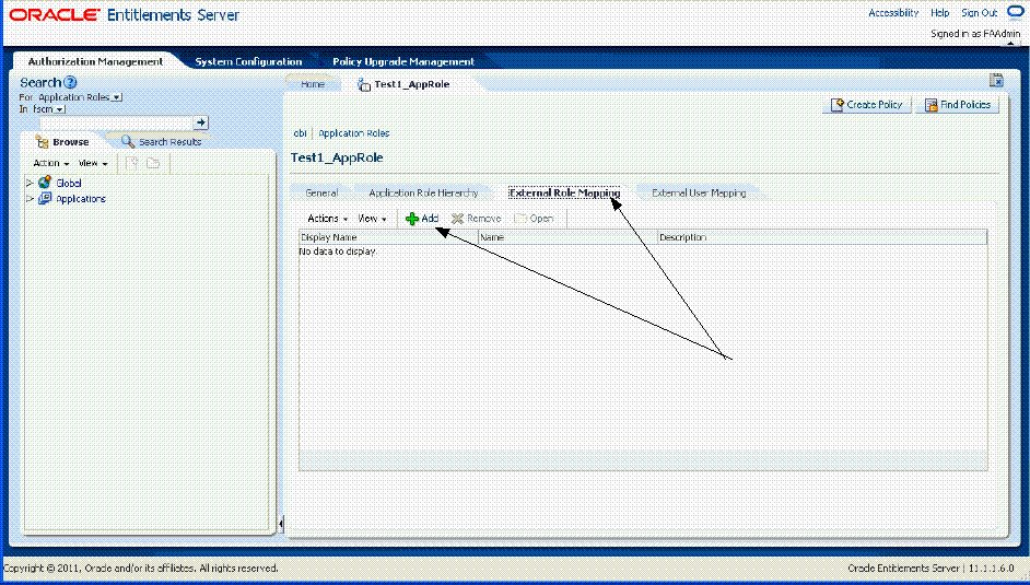 This screen shot shows the External Role Mapping tab.