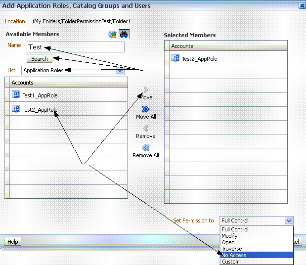 This screen shot shows the Add Application Roles, Catalog Groups, and Users.