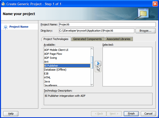 Selecting the BI Publisher technology scope