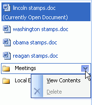 Task Pane Documents Section: Folder Menu