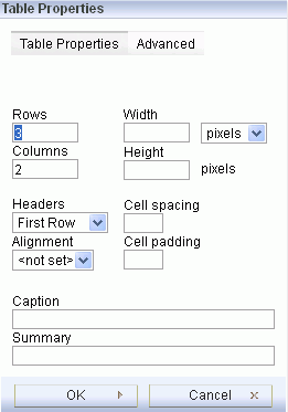 RTE: Table Properties Dialog (Basic Properties)