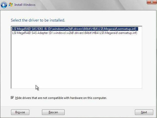 image:HBA option selection of LSI MegaRAID SAS 9261-8i driver to be installed dialog