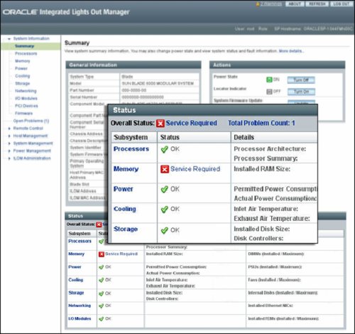 image:Screen capture of the Oracle ILOM Summary screen with the Status section highlighted