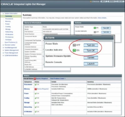image:Screen capture showing the Oracle ILOM Summary screen with the Actions section highlighted.