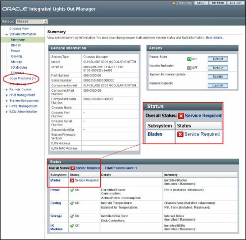 image:Screen capture showing the Oracle ILOM CMM Summary screen with areas highlighted.