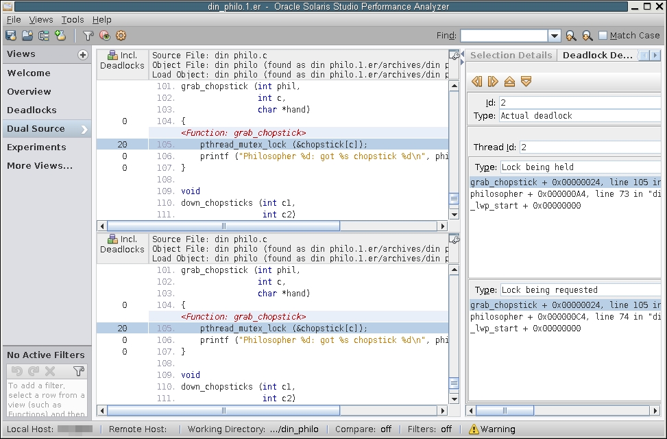 image:A screen shot of the Thread Analyzer's Dual-Source tab which shows a potential               deadlock.