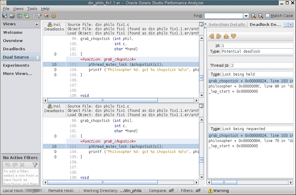 image:A screen shot of the Thread Analyzer's Dual Source view which shows a                 potential deadlock.