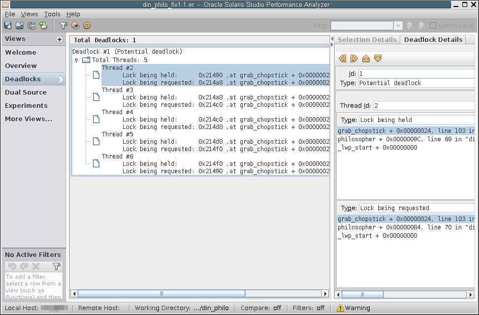 image:A screen shot of the Thread Analyzer window which shows a deadlock in Thread                 #2.
