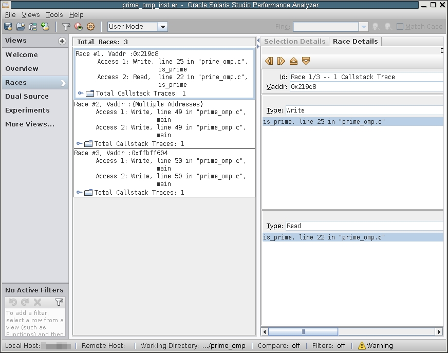 image:A screen shot of the Thread Analyzer window showing the Races view for prime_omp.c.
