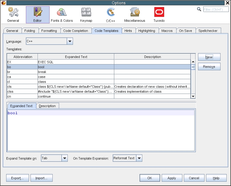 image:Code Templates tab in Options dialog box