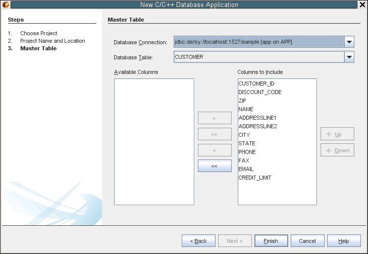 image:New Project wizard Master Table page for Oracle Database                             Project