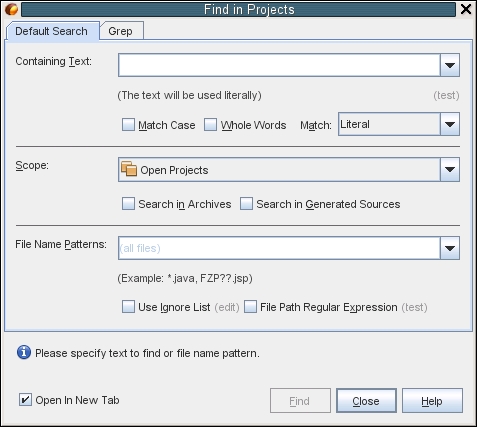 image:Default search tab for Finding in Projects dialog                                 box.