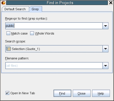 image:Grep search tab for Finding in Projects dialog box.