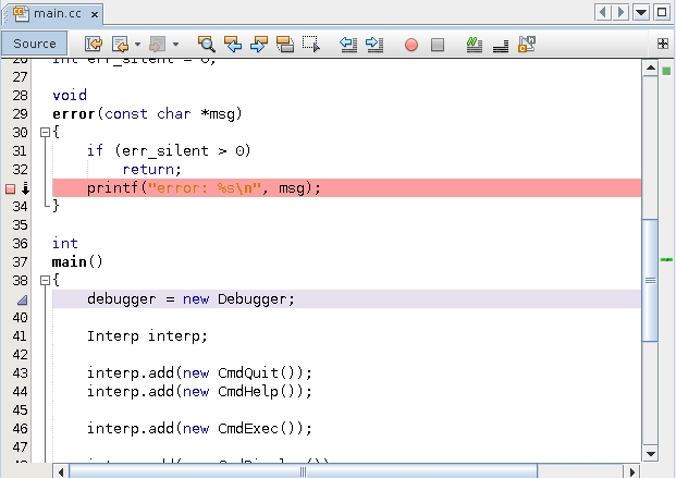 image:Editor window with lavender stripe on line 31 and                                                 breakpoint on line 33