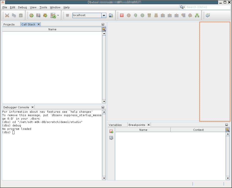 image:dbxtool window with outline of Call Stack                                                   Window being dragged to far right tabs                                                   area