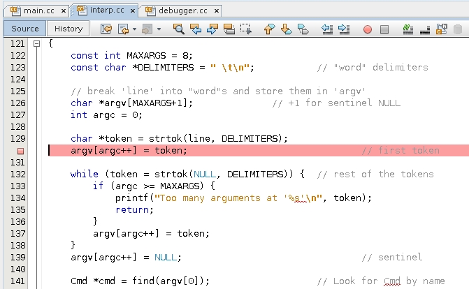image:Editor window with breakpoint on line 130