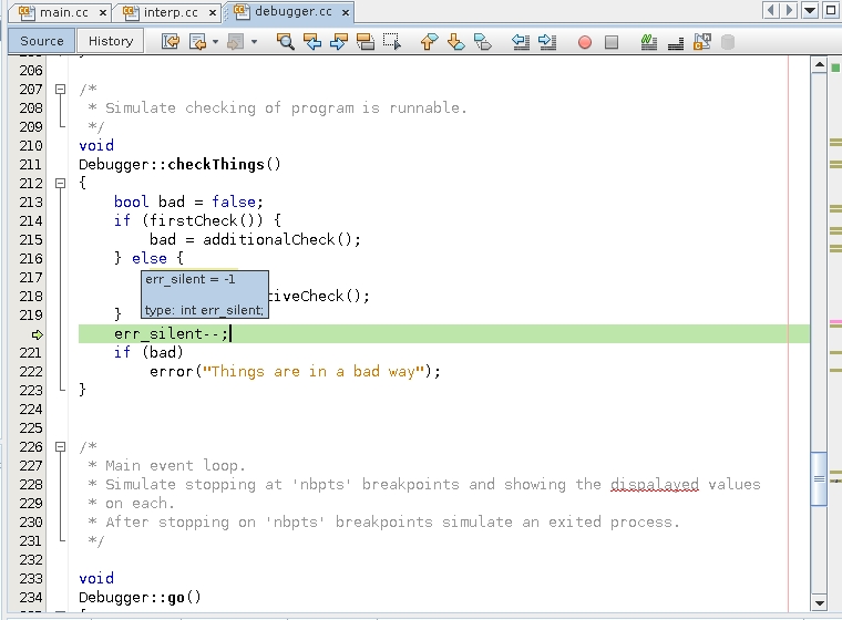 image:Editor window showing program stopped in                                                 checkThings