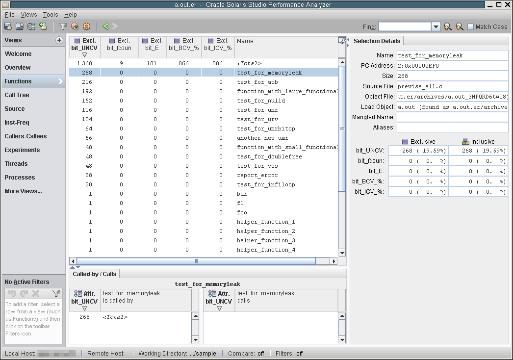 image:Functions view of Uncover report in Performance Analyzer