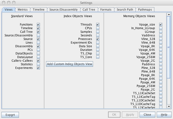 image:Settings in Performance Analyzer for the different views